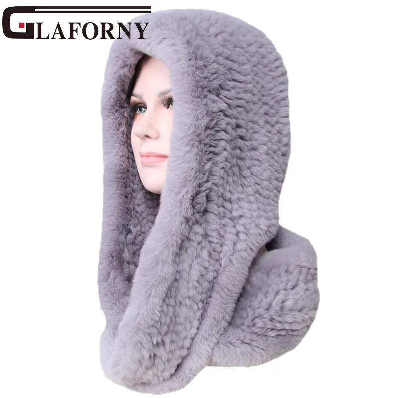 Glaforny вязанная Настоящий мех кролика шапка Ушная муфта теплый шарф Шапка мягкая и модная 2 использования 25 цветов - Цвет: grey