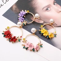 4 color trendy cute pink flower earrings for women girls jewelry female rhinestone gold metal round circle earrings gift brincos