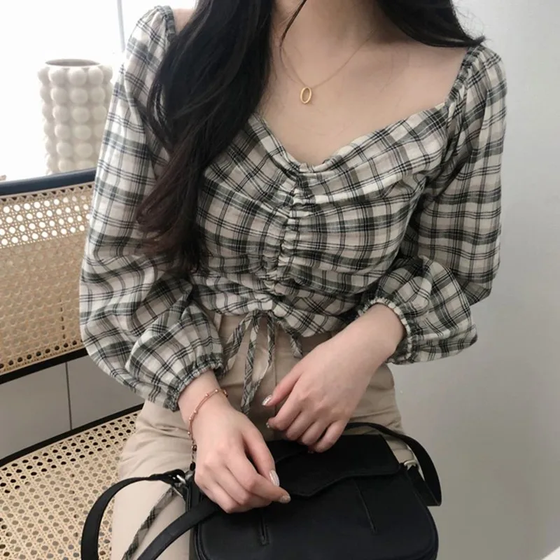 

Women Autumn V-neck Drawstring Blouse Harajuku Short Shirt Long Sleeve Fashion Blouse