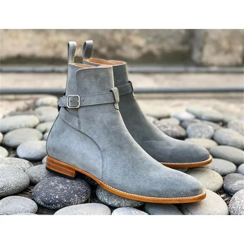 

2021 New Men Fashion Business Casual Dress Shoes Handmade Gray Faux Suede Adjustable Buckle Round Toe Low Heel Ankle Boots KS371