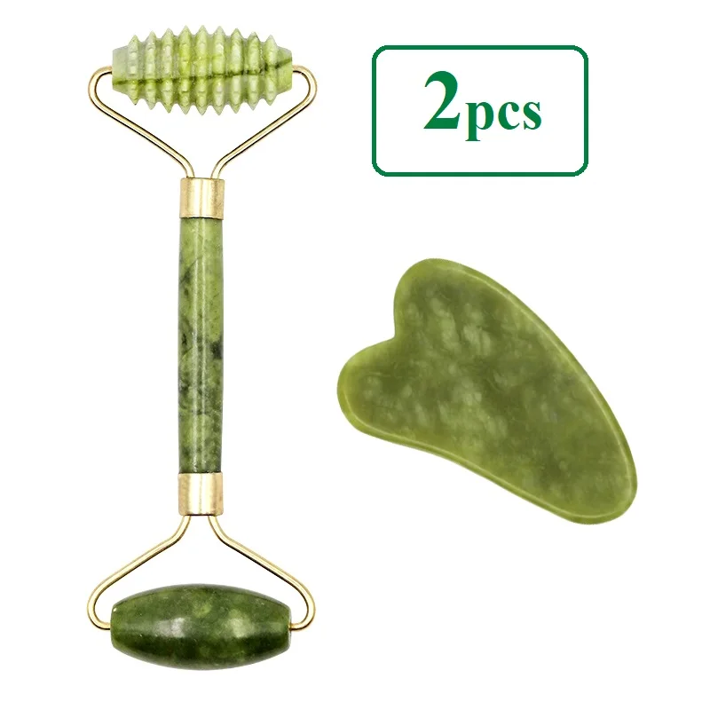 

2pcs Facial Massager Roller Natural Jade Stone Guasha Board Scraper Set Face Lift Skin Relaxation Slimming Beauty Neck Thin Lift