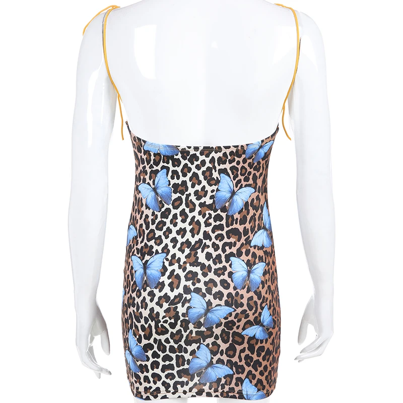 

Spaghetti Strap Leopard Dress Cute Butterfly Print Womens Dresses New Arrival 2020 Chic Vintage Bodyson Dress Summer
