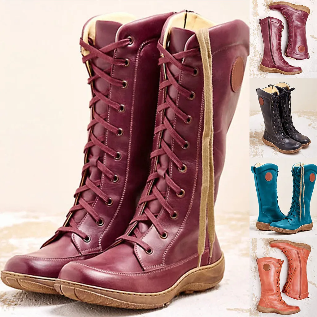 Женские повседневные высокие сапоги на молнии с круглым носком в римском стиле
