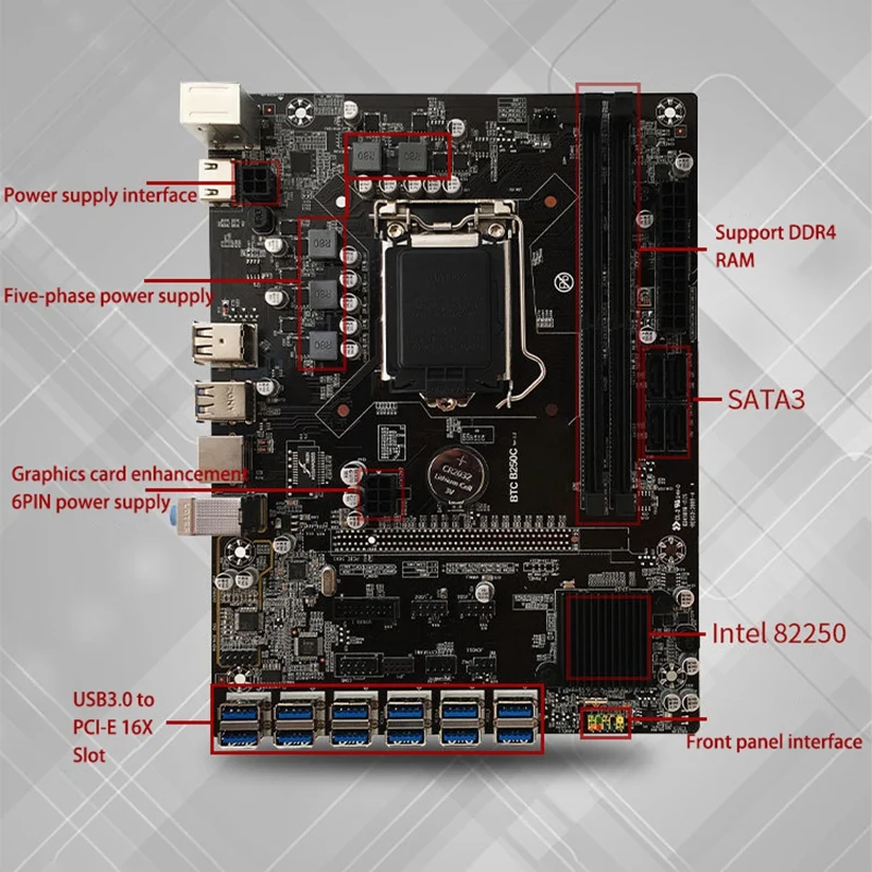 Материнская плата B250 BTC12P для майнинга Pcie 12xusb мульти-графическая карта LGA1151 DDR4 RAM