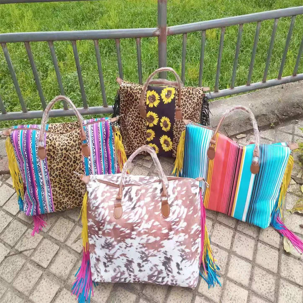 

Pu And Canvas Weekender Bag For Women Leopard Zebra Serape Sunflower Tie Dye Cowhide Duffle Bag Large Canpacity Tassel Handbag