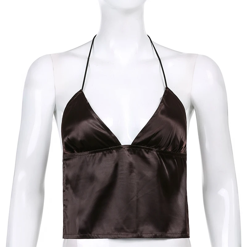 

Sexy Satin Tie-up Halter Crop Top Women Summer Backless V-neck Y2k Fashion Camisole Sleeveless High Streetwear Tank Strappy Top