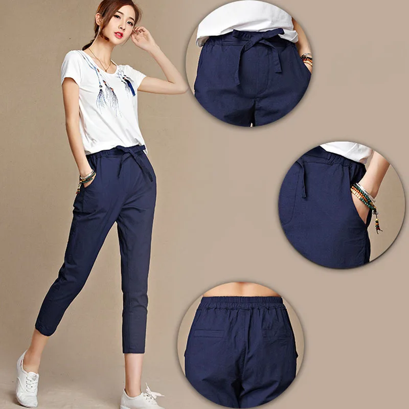 Large pantalon femme ete 2019 summer women's pants capris cotton Linen crops elastic waist harem trousers size 4XL | Женская одежда