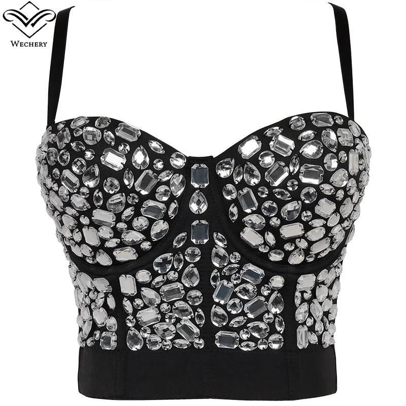 

Wechery Women Party Corset Bra Tops Steampunk Gothic Push Up Gorset Rhinestone Tops Sexy Lingerie Clubwear Sliver