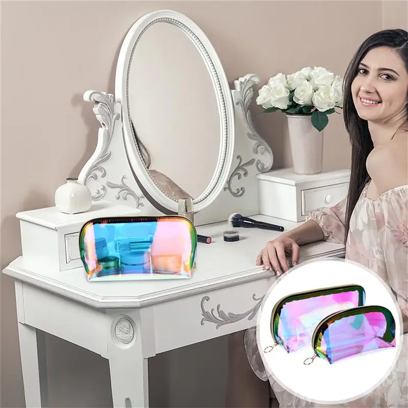 

2pcs Holographic Cosmetic Bag Girl Travel Makeup Organizer Zipper Toiletry Bag