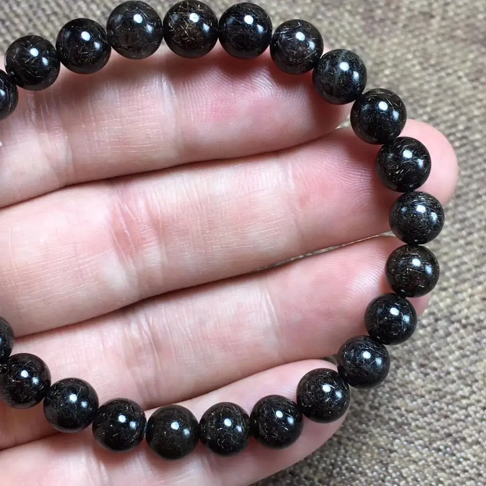 

7mm Natural Black Copper Titanium Rutilated Quartz Bracelet Women Clear Round Beads Wealthy Stone Brazil AAAAA