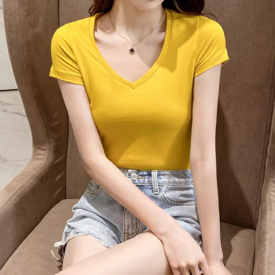 

2021 Spring And Summer V-Neck Pure Cotton T-Shirt Short-Sleeved Sexy Thin Solid Color Top Women New Style