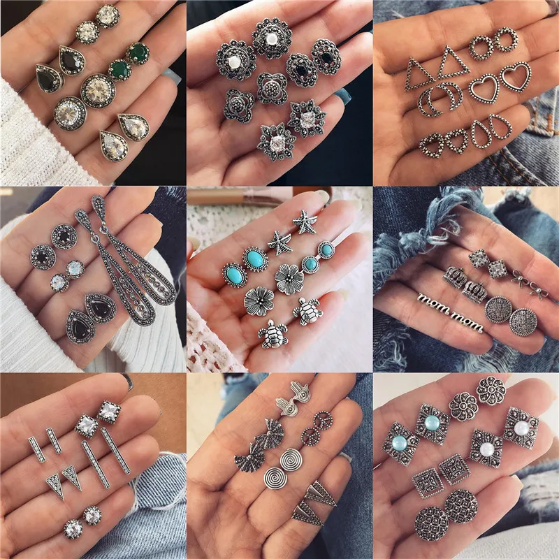 

Luokey Vintage Small Mini Stud Earrings Set For Women Girls 2020 Beads Stone Flower Earrings Bohemian Ethnic Jewelry Accessories