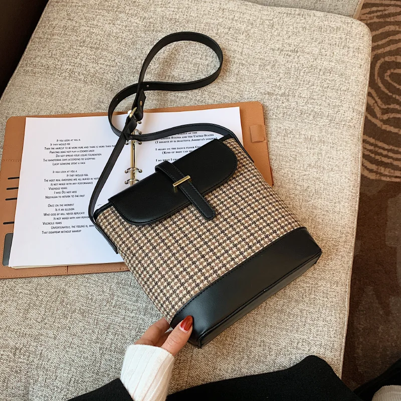

Houndstooth Messenger Bags for Women Brand Designer Shoulder Bag Female Handbag Bucket bag PU Leather Flap Crossbody Bag