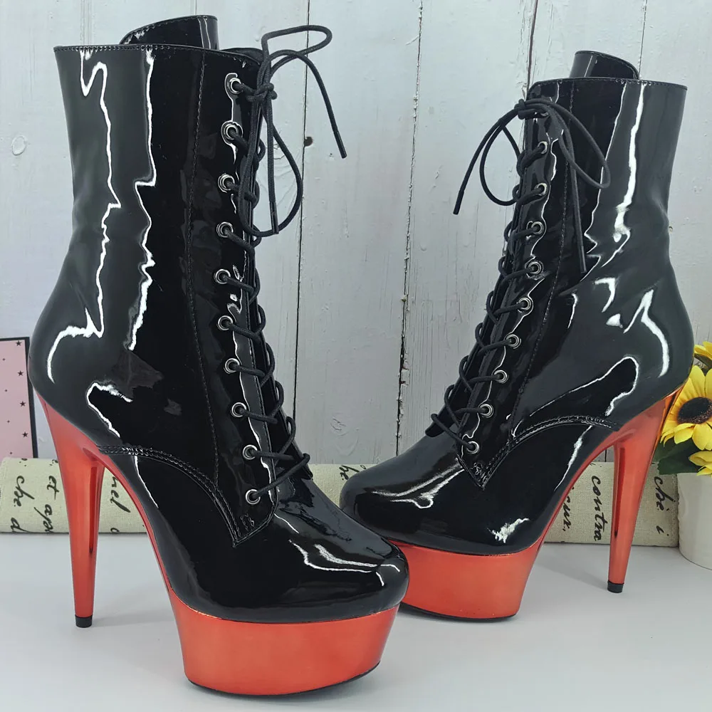 Leecabe 15CM/6Inches RED platform with Shinny black upper High Heel platform Boots Closed toe  Pole Dance boot
