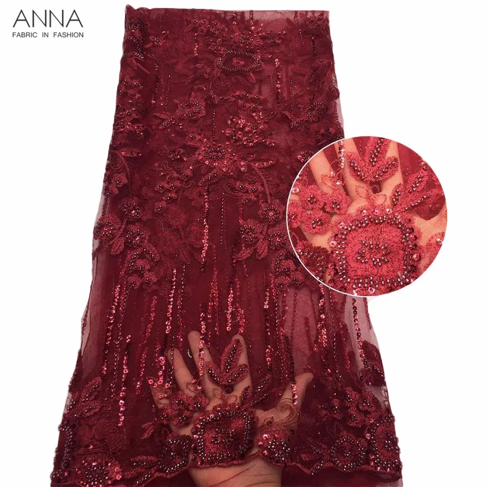 Анна Высококачественная красная вышитая африканская кружевная ткань ручной