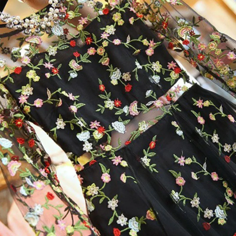 

Boho Vintage Floral Embroidery Lace Mesh Dresses Fashion Runway Dress Casual See Through Vestidos