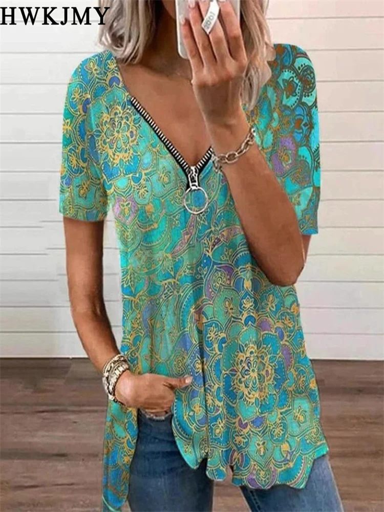 

Women's Clothing Summer V-neck Off Shoulder Short Sleeved Tops Zipper Tees Casual Printing Loose T-shirt Plus Size Shirts 8XL