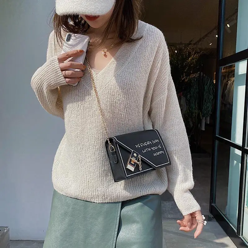 

Small Cross Body Bag for Woman Pu Leather Chain Fashion Hasp Female Messenger Bag Black