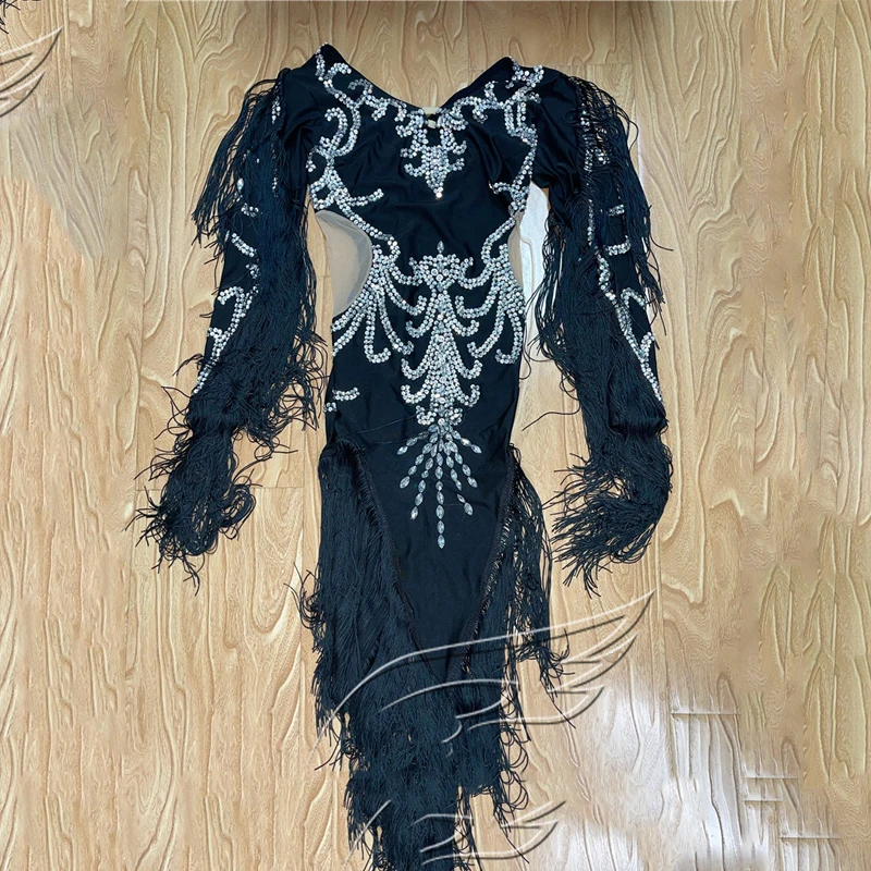 

Women Fringed Sleeve White Rhinestone Black Slim Stretch Split Dress Birthday Celebrate Wear Pole Performance Costumes XS1055