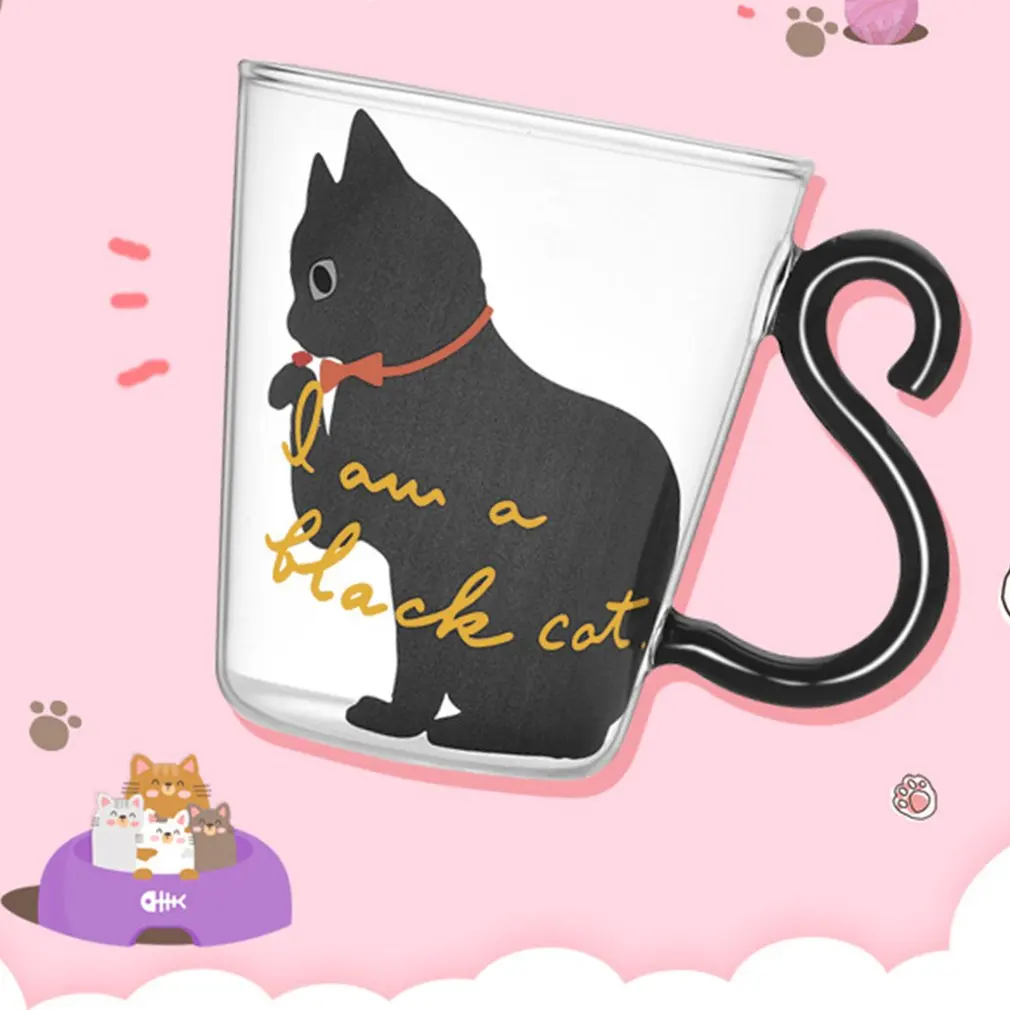 Стеклянная кружка для воды с милым котенком ручкой в виде кошачьего хвоста
