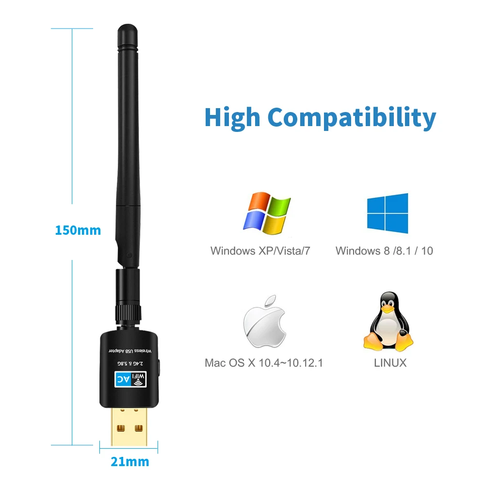TEROW 600Mbps USB WiFi Adapter/Receiver Dual Band 5.8GHz+2.4GHz USB2.0 High Speed 2dBi Antenna RTL8811CU for Laptop and Desktop |