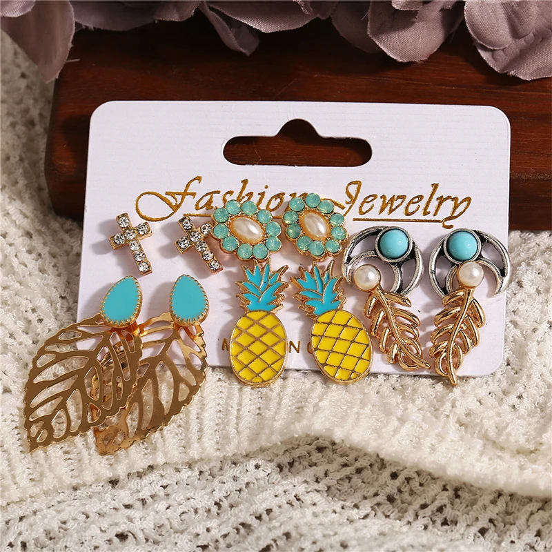 

Mixed Colors Vintage Earrings For Women/Girls Cross Pineapples Stud Bohemian Daily Drop Earrings Sets Charm Fashion Jewelry Gift