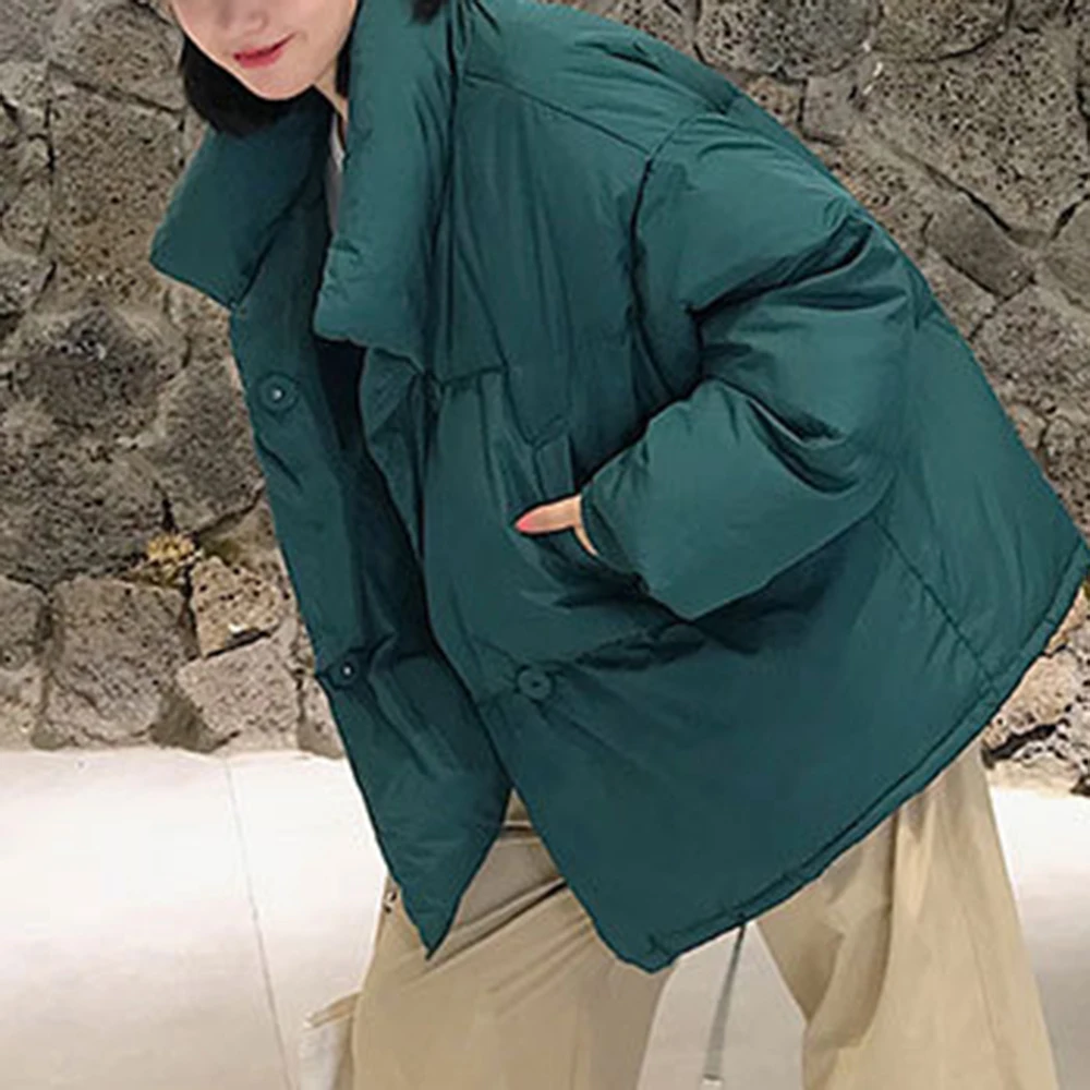 PUIMENTIUA Winter Warm Jacket Women Stand Collar Solid Black White Female Down Coat Loose Womens Plus Size Short Parka New