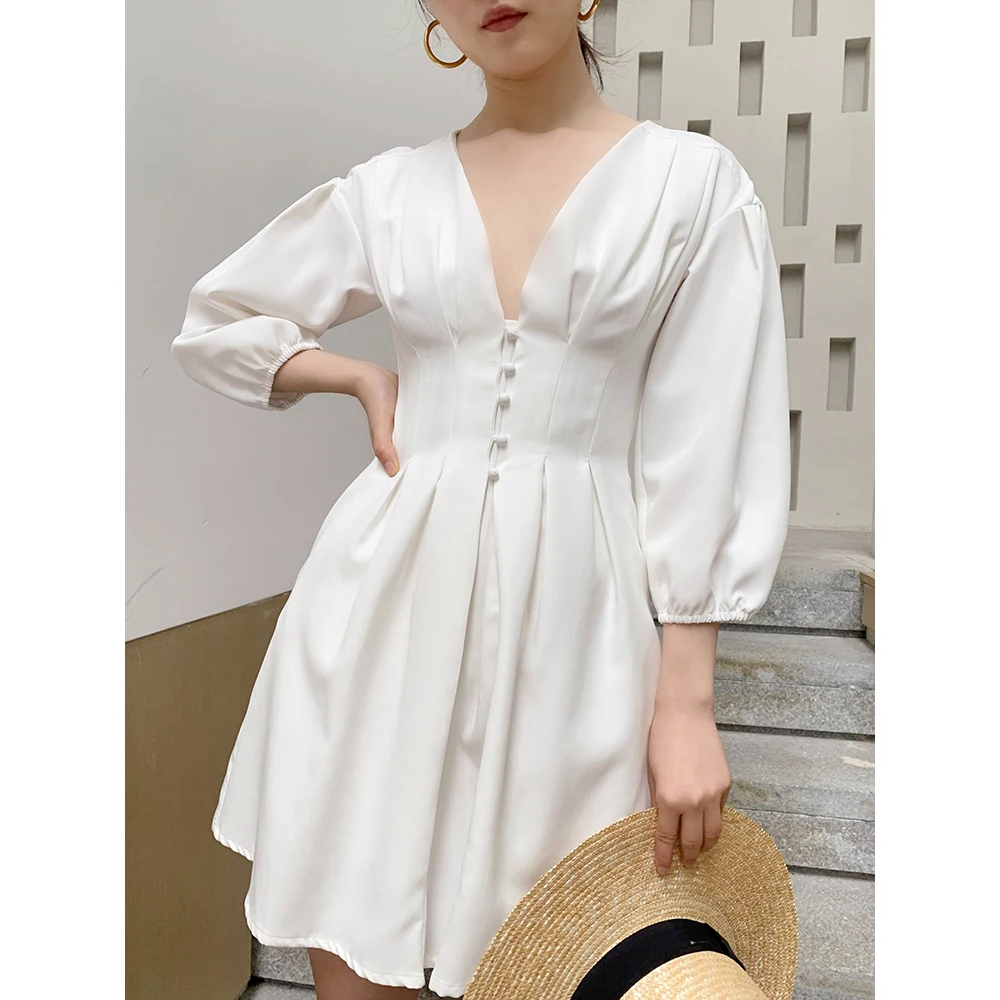 Винтажное Плиссированное летнее платье в стиле ретро однотонное однобортное