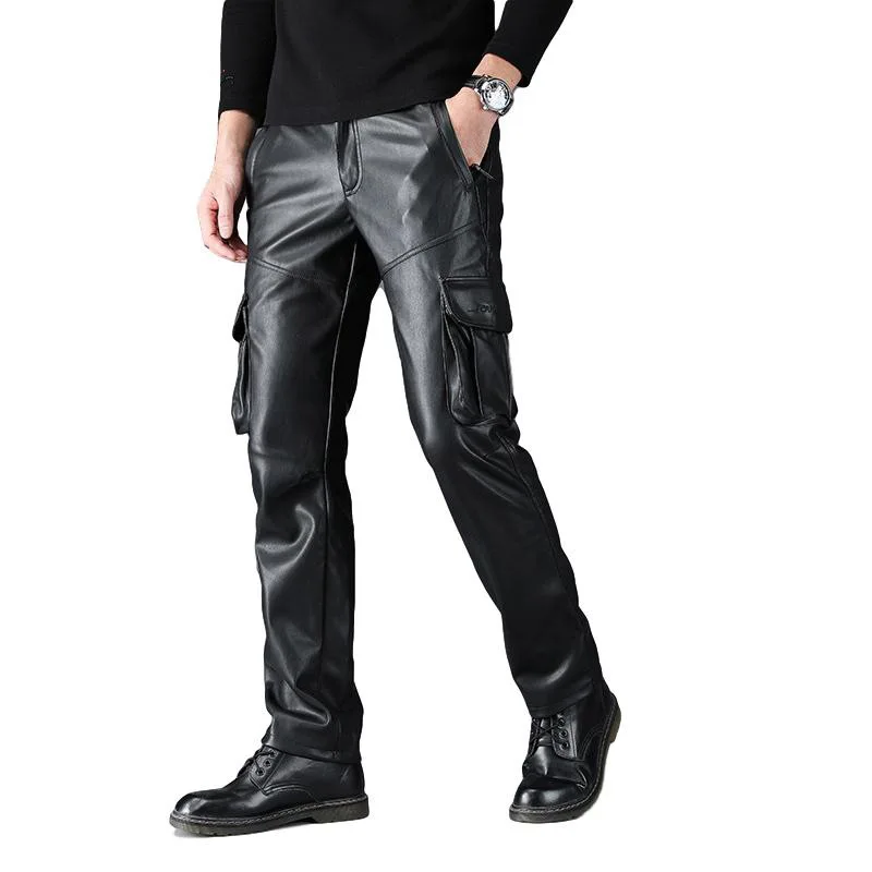 

2021 Men's Fleece-Lined Motorcycle Leather Pants Teenagers Multi-Pocket Workwear Pu Elastic Waist Leather Pants