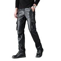 2021 mens fleece lined motorcycle leather pants teenagers multi pocket workwear pu elastic waist leather pants