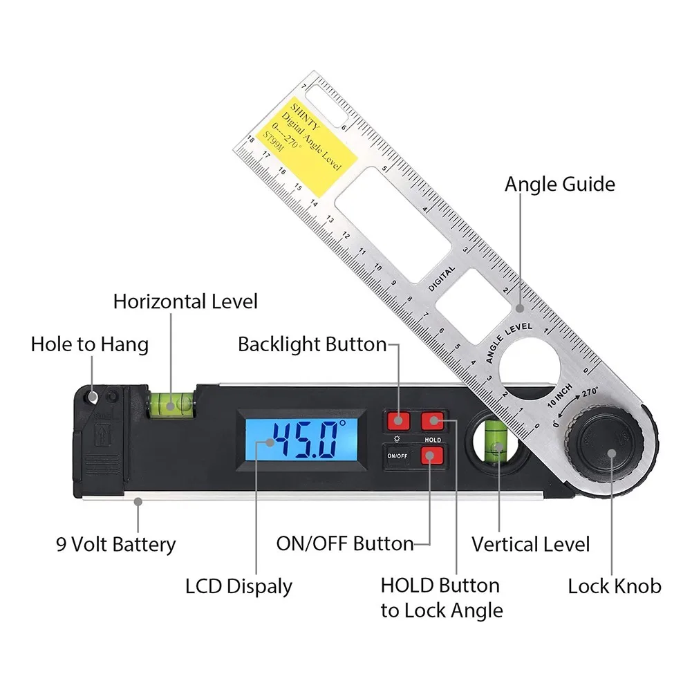 

Digital Angle Finder 9V 6F22 Digital Angle Protractor Spirit Level Angle Finder Gauge Meter With Level Bubble