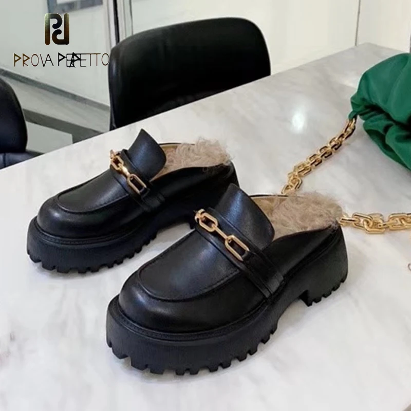 

Furry Slippers for Women's Outer Wear Fashion Metal Buckle Leather Thick Heel Sheep Curly Hair High-Heel Casual Semi Slippers