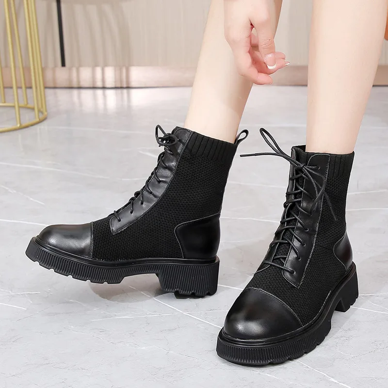 

Модные женские ботинки с прострочкой на липучке, новинка осень-зима 2021, кожаные женские ботинки с круглым носком