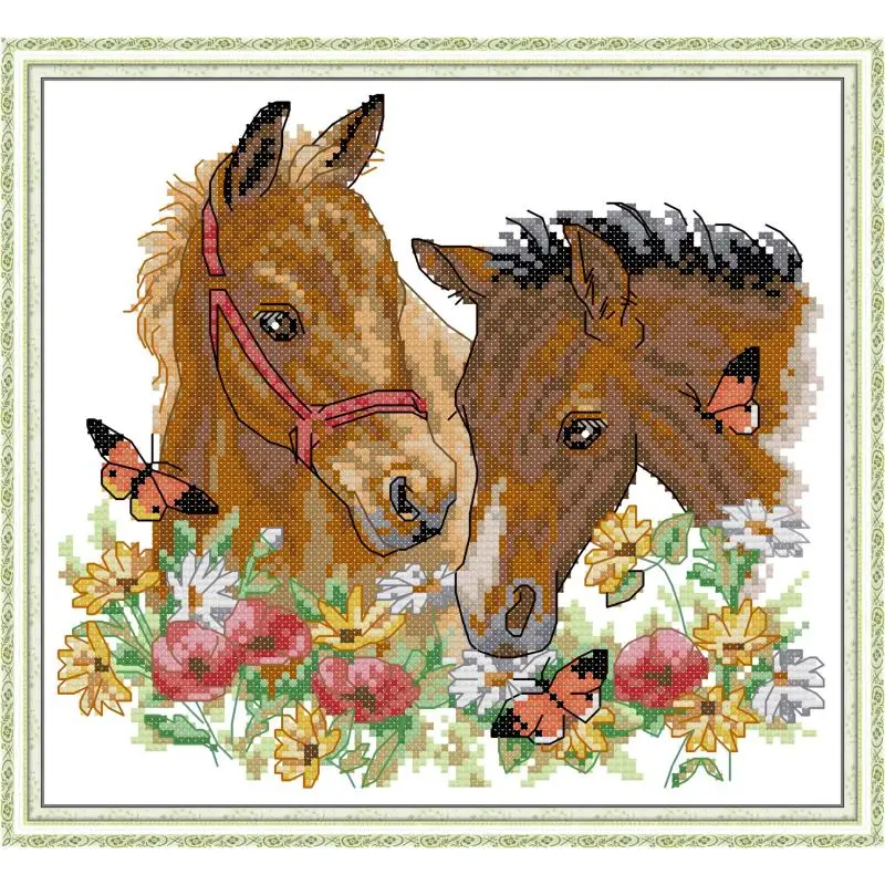 Mother and Child Animal Horse Pattern Cross Stitch Kit Aida 14CT 11CT Count Stamping Canvas Embroidery Set Home Decoration Gifts