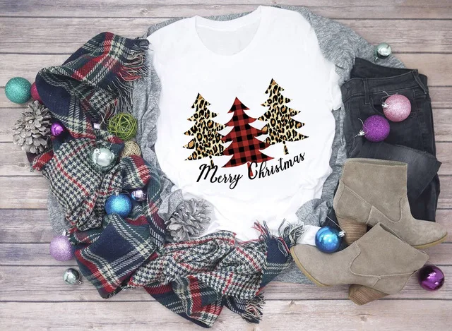 

Merry Christmas Tree Print T Shirt Women Harajuku Fashion Graphic Cute Short Sleeve Tops Tee Female Kawaii Cartoon Shirt