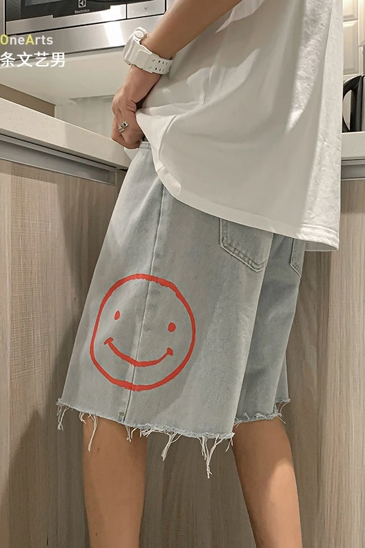 

Denim Shorts Men's Summer Smiley Neutral Ripped Straight Pants Hong Kong Style Trendy Casual Pants