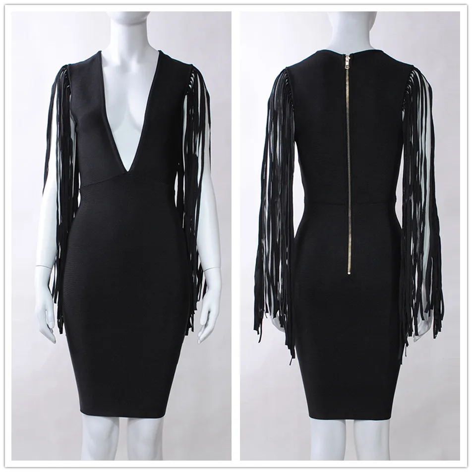 

2021 New Summer Women's Bandage Dress Black Deep V Neck Sleeveless Fringed Bodycon Dress Sexy Club Nightclub Party Dress Vestido