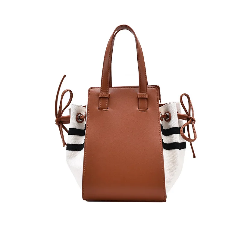 

Casual Canvas Bucket Bag for Women Designer Drawstring Handbags Luxury Pu Leather Patchwork Shoulder Crossbody Bags Large Tote