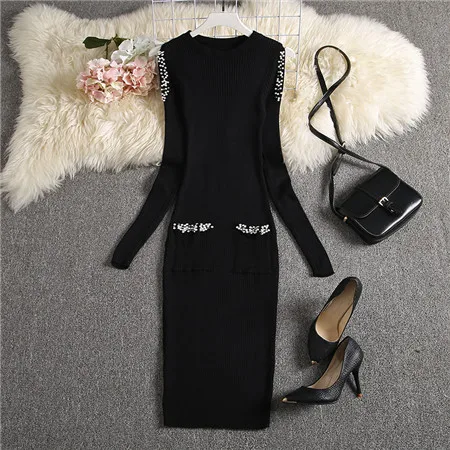 Черный ALPHALMODA новое женское ажурное осеннее трикотажное платье с длинными рукавами, облегающее женское элегантное эластичное платье - Цвет: Черный