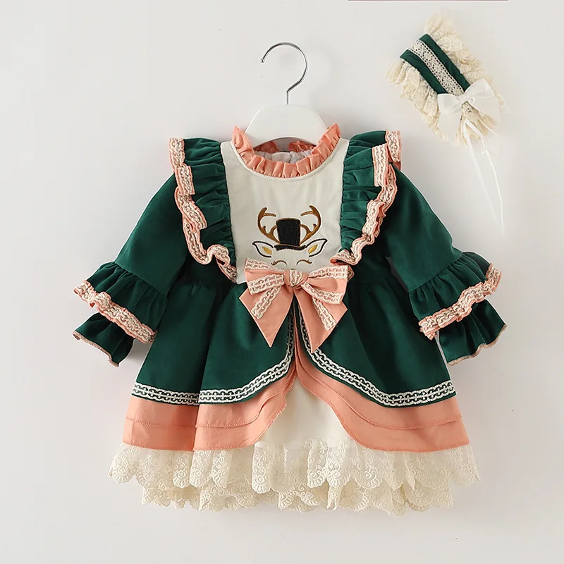 

Girls Spanish Princess Frocks Baby Girl Velvet Dress Autumn Baby Girl Boutique Clothing Toddler Long Sleeve Lace Green Dresses