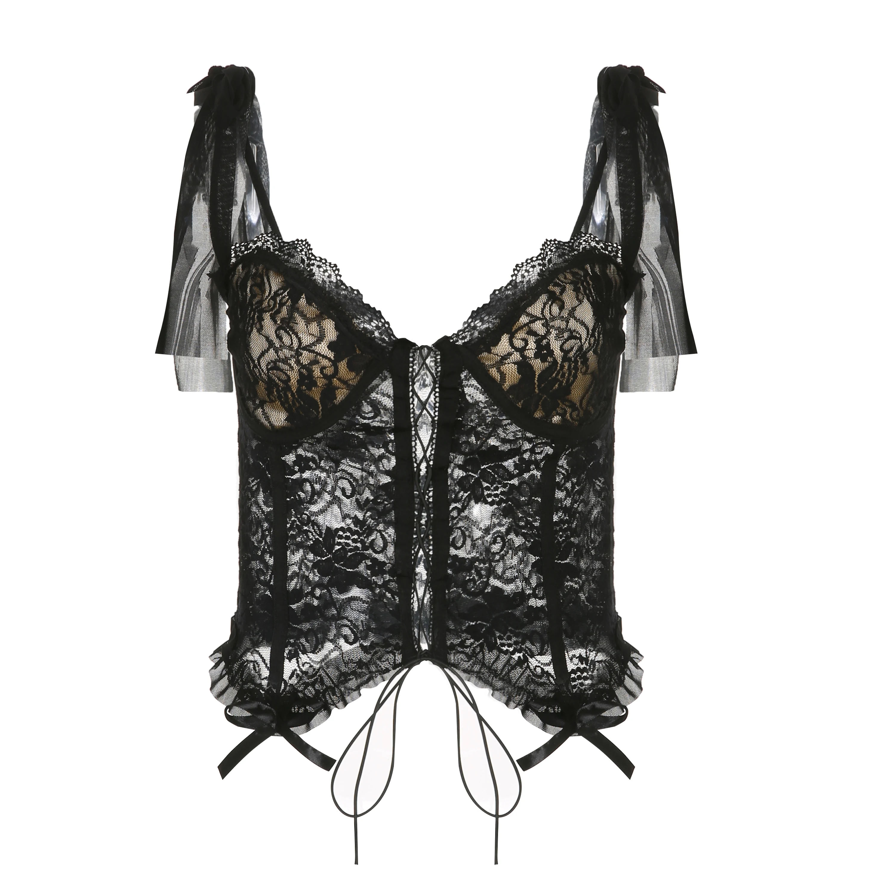 Кружевной Корсет Rapcopter Y2K с оборками топ завязкой отделкой открытой спиной
