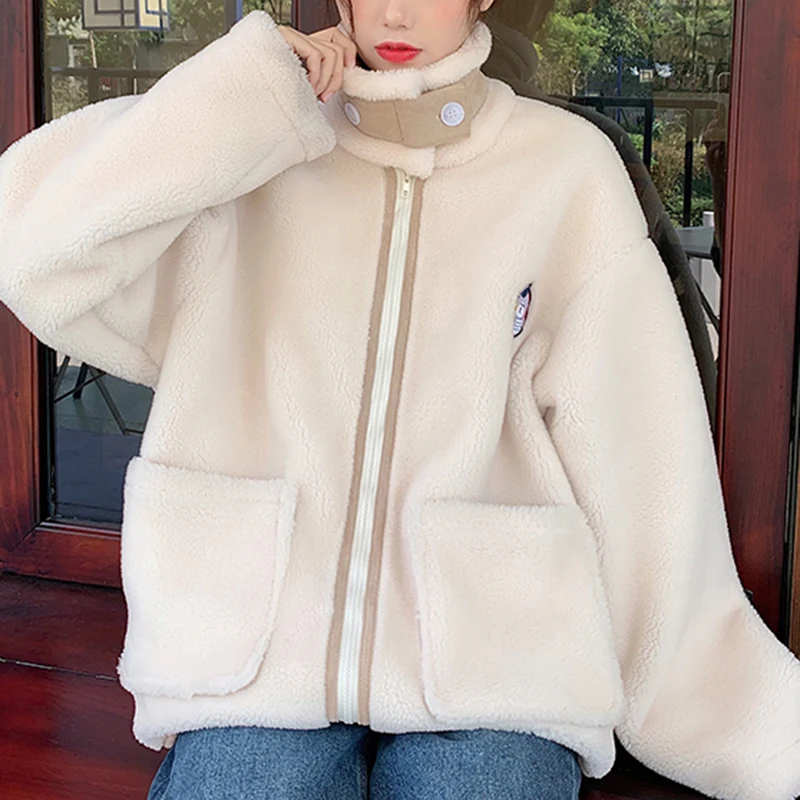 WKFYY Women Winter Causal Beige Lambswool Cartoon Beer Embroidery Stand Collar Thick Oversize Jacket Coat Outwear C4004