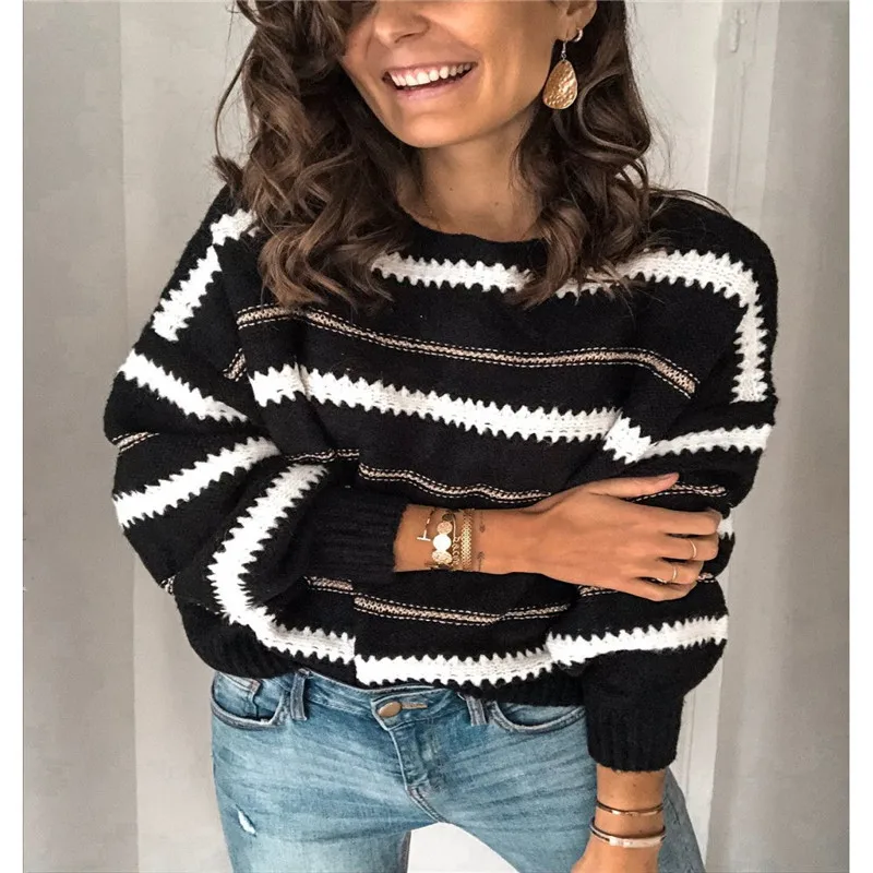 Winter Sweater Women Plus Size Knitted Warm Cashmere striped Chunky Casual Jumper Korean Batwing Long Sleeve Pullovers | Женская одежда