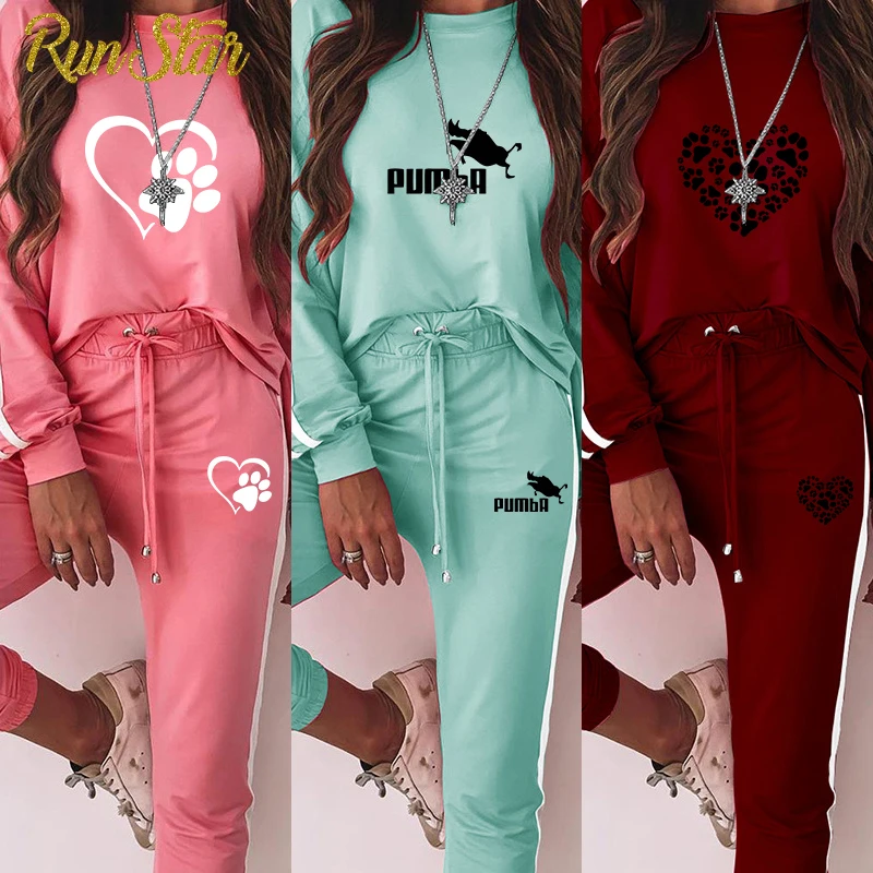 

RunStar Spring Autumn 2 Piece Set Women Sweatshirt Casual Pants Female Tracksuit Striped Pullover Print Sweatshirt Trousers Suit
