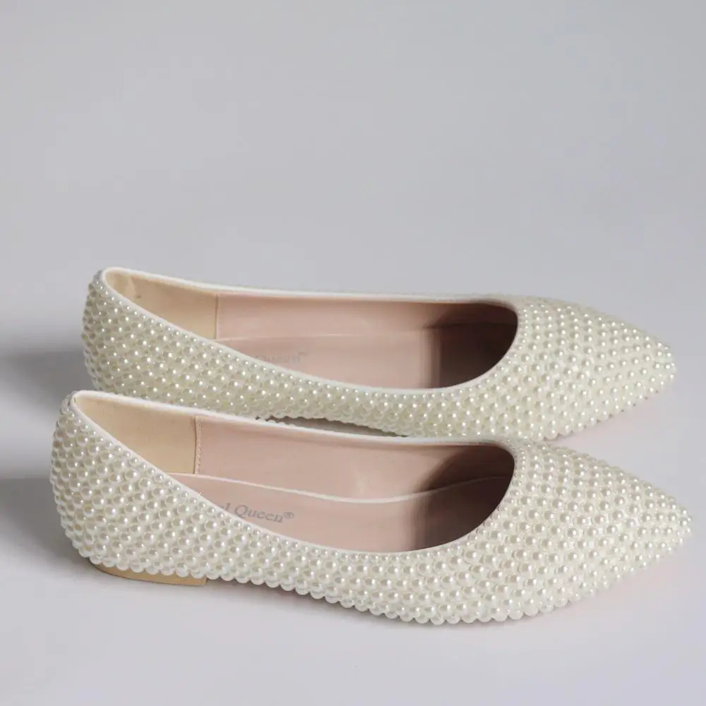 Женские свадебные туфли на плоской подошве со стразами и жемчугом Цвет бежевый