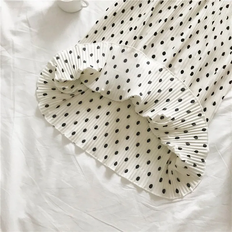 

Women Korean Style Polka Dot Print Skirt Female Elastic Waist Lace Up Skirts 2020 Summer Ladies Elegant Pleated Long Skirt 2020