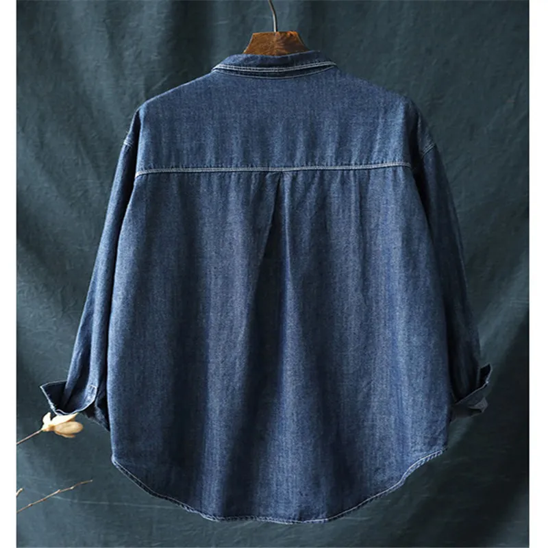 

Denim Shirt For Women 2021 Spring New Simple Casual Plus Size Loose Slim Lapel Long Sleeve Shirt Female LR1112