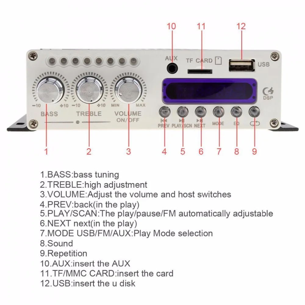 Автомобильный усилитель мощности DOXINGYE 12 В 20 Вт Hi-Fi 4-канальный звука DSP Bluetooth