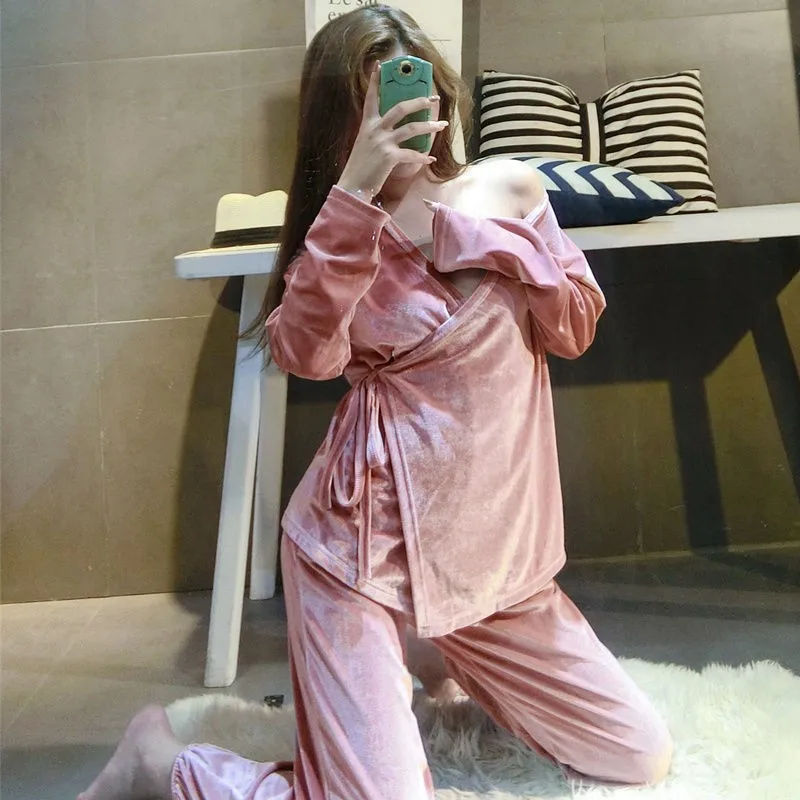 

3PCS Pajamas Suit Women Velour Loose Sleep Set Gray Sleepwear Intimate Lingerie Velvet Sexy Autumn New Pyjamas Home Clothing