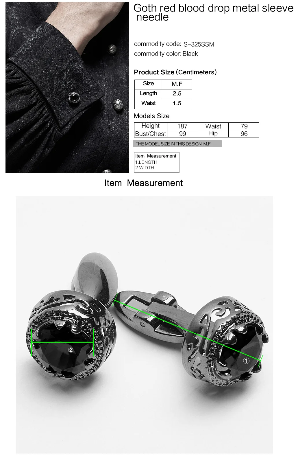 

PUNKRAVE Men's Gothic Red Blood Drop Metal Sleeve Needle Gorgeous Party Evening Dinner Dress Shirt Cuffpins